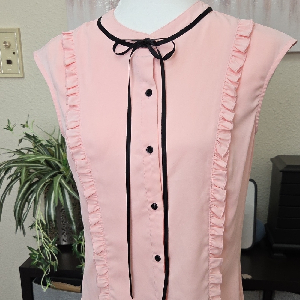 Allegra K Pink Sleeveless Ruffle Blouse with Black Tie - Picture 2 of 7